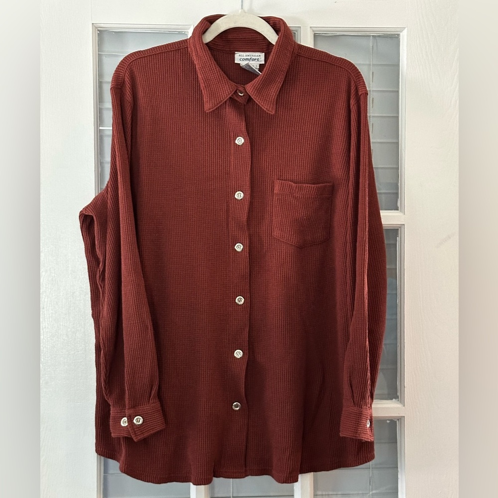 All American Comfort Women’s 1X  Button Front Waffle Knit Brown Top | SKU 0681